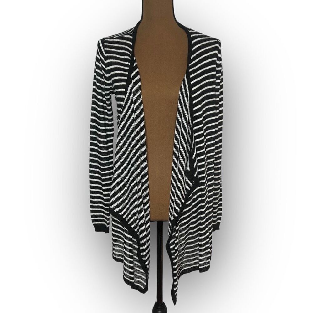 AB Studio, Fly Away Waterfall Draped Black White Striped Cardigan Women’s Medium